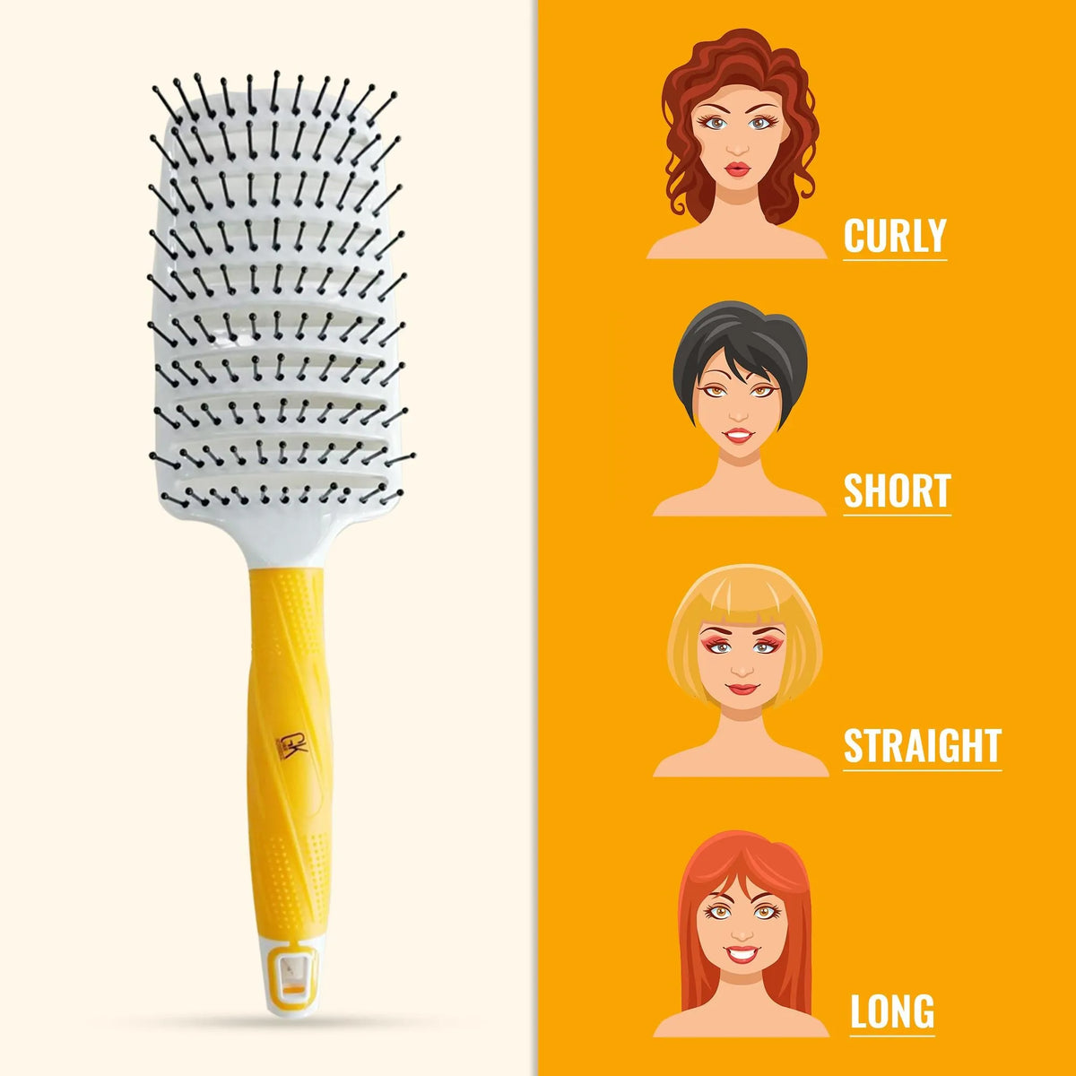 GK Hair Vent Brush 3 inch with its yellow handle beside illustrated women labelled curly, short, straight and long hair