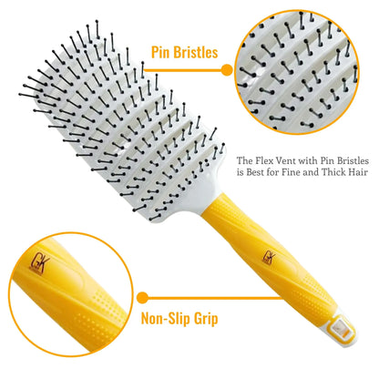 GK Hair Vent Brush 3 inch with zoomed callouts on its pin bristles and non-slip yellow grip, best for fine and thick hair