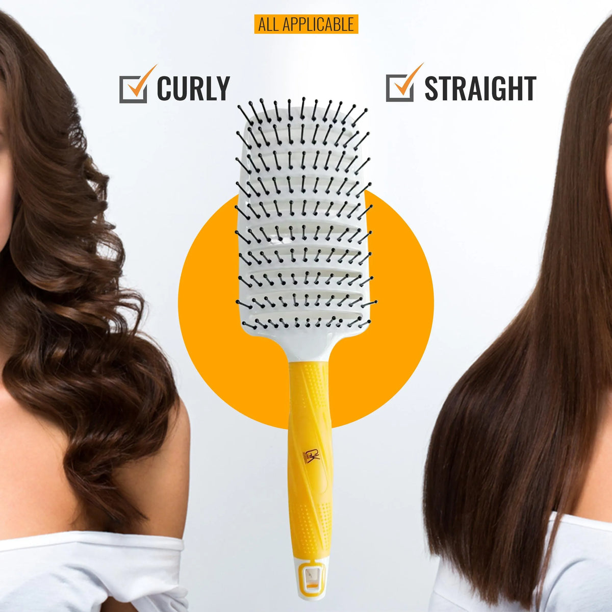 GK Hair Vent Brush 3 inch centred between two women, one with wavy hair and one straight, marked applicable to both