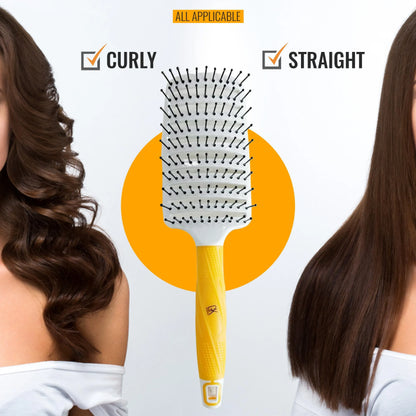 GK Hair Vent Brush 3 inch centred between two women, one with wavy hair and one straight, marked applicable to both