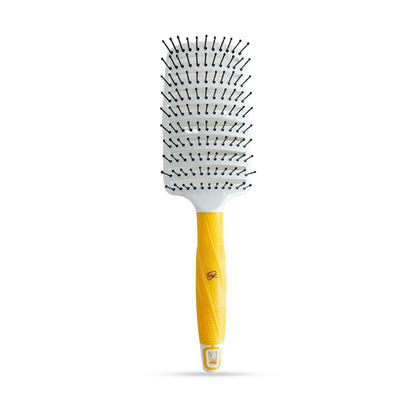 GK Hair Vent Brush 3 inch standing on a white background, wide white vented head with black pin bristles and yellow handle