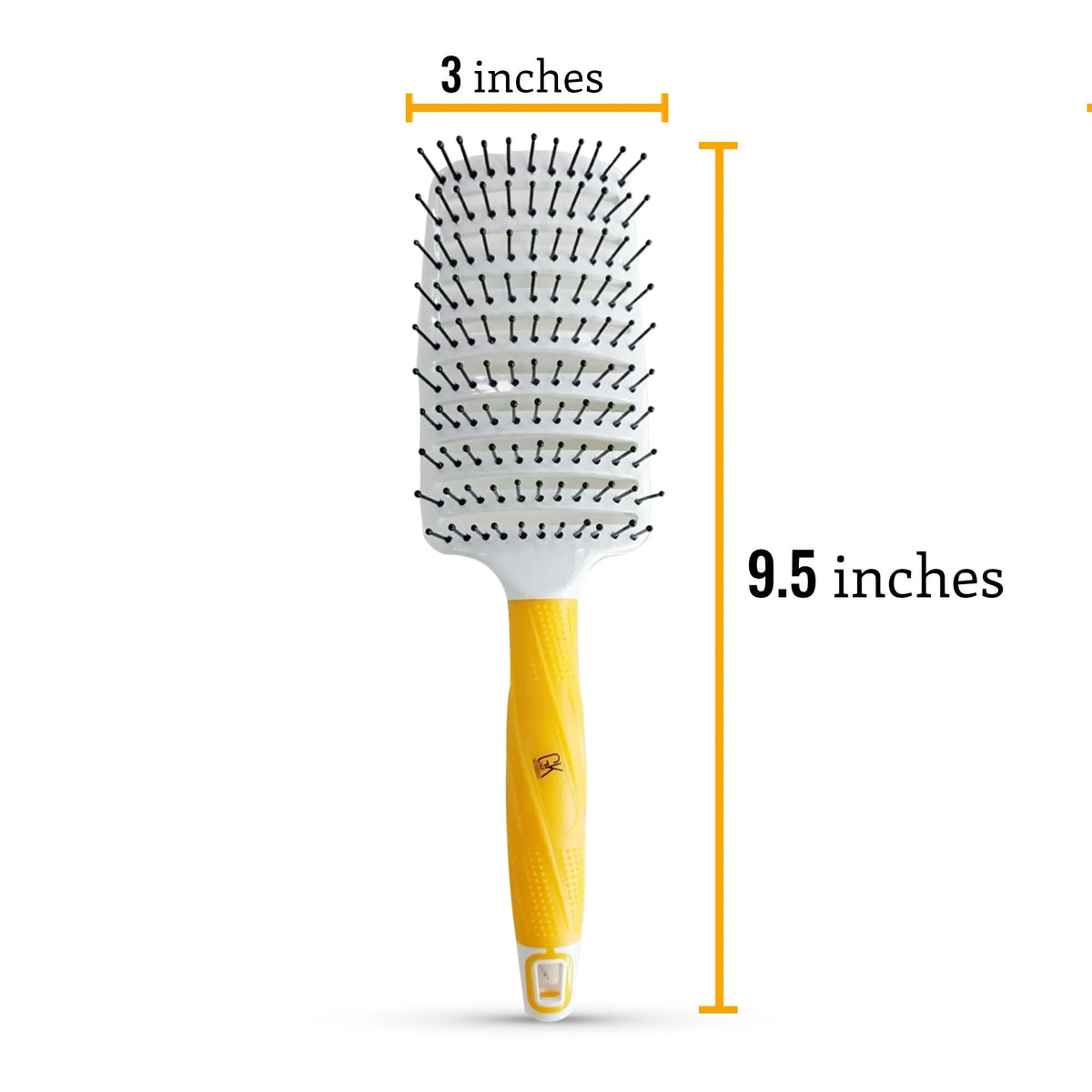 GK Hair Vent Brush 3 inch measured on a white background: 3 inches wide at the head and 9.5 inches long overall