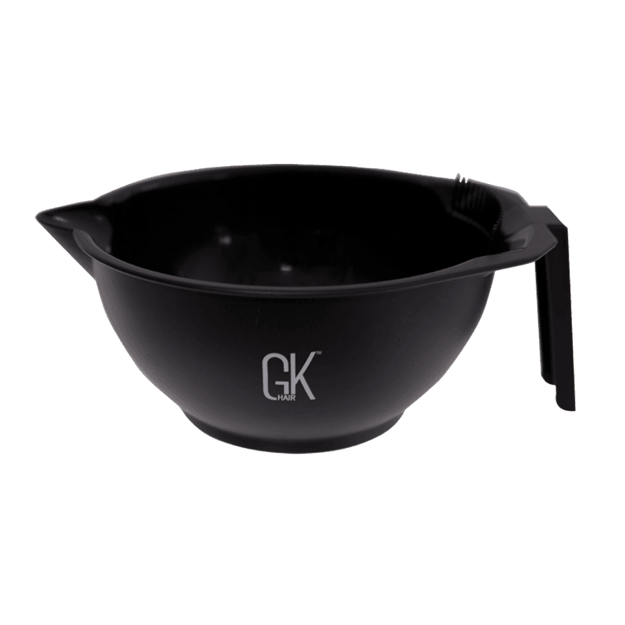 Black GK Hair color mixing bowl with pour spout and side handle, gray GK Hair logo on the front, on white