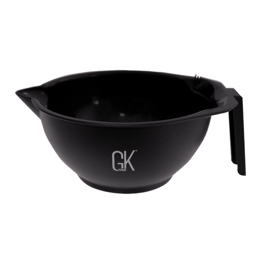 Black GK Hair color mixing bowl with pour spout and side handle, gray GK Hair logo on the front, on white